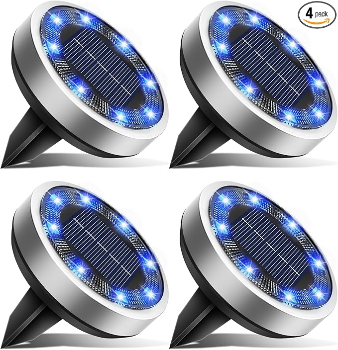 btfarm 4 Pack Solar Lights Outdoor, 8 LED Solar Ground Lights IP65 Waterproof Flat Solar Disc Light, Pathway Lights for Garden Lawn Patio Yard Path Landscape, Blue