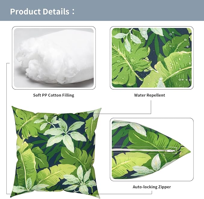 Outdoor Pillows with Insert 20x20 Inch, Waterproof Throw Pillow for Patio Furniture, Decorative Back Cushion for Garden Home Sofa Office Chair, Set of 2, Jungle Leaves