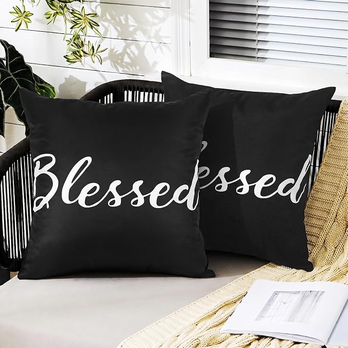 Adabana Outdoor Waterproof Blessed Pillow Covers Set of 2 18x18 Inch | Home Decorative Outdoor Pillows Cover for Patio Garden Porch Farmhouse