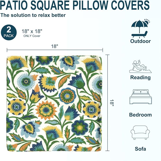 DYTXIII Pack of 2 Outdoor Waterproof Pillow Covers ONLY, 18"x18" Square Decorative Double Printed Throw Pillow Cases for Patio Couch Porch Furniture, Fiesta Floral