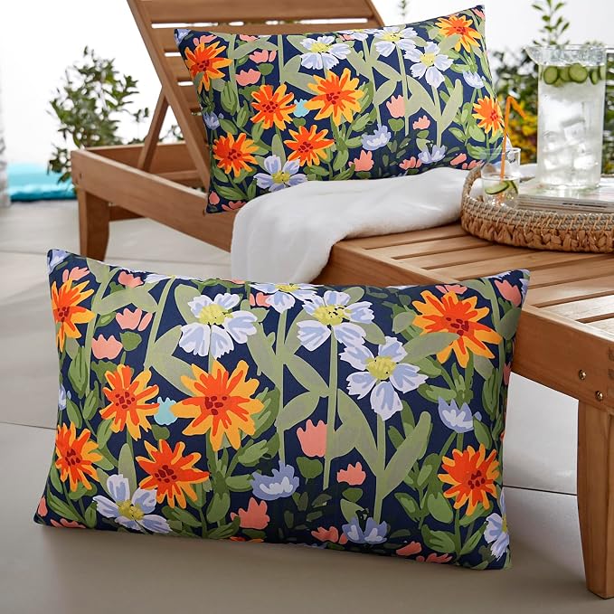 Pyonic Floral Outdoor Lumbar Pillows Covers 12x20 inch Waterproof Spring Summer Decor Outdoor Pillows for Patio Furnture Garden Bench Porch,Navy Blue
