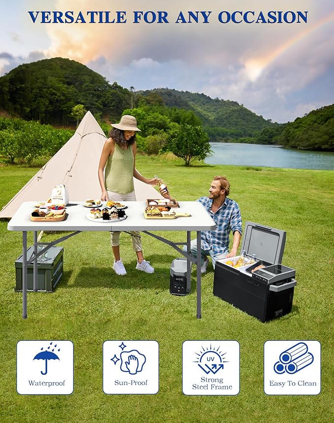 4FT White Folding Table for Outdoor, 4 Foot Picnic Tables No Assembly Required Portable, White Foldable Table for Camping, Parties, Meeting, Events, Wedding, BBQ, with Carrying Handle