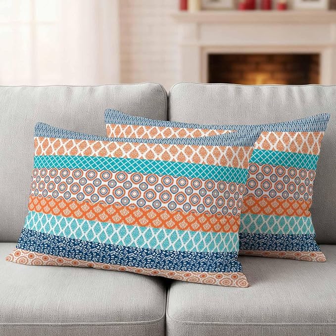 Geometric Bohemia Outdoor Pillow Covers Set of 2 Stripes Orange Turquoise and Blue Waterproof Throw Pillow Cover Decorative Cushion Cases for Patio Porch Garden 20X12 Inch