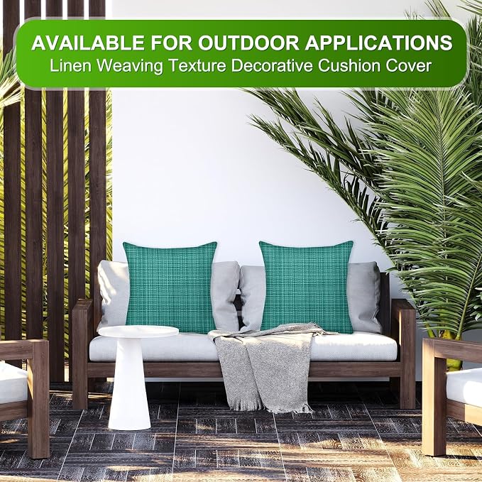 M METERXITY 2-Pack Outdoor Waterproof Throw Pillow Cover, 16x16 Inch Linen Weaving Texture Decorative Cushion Cover for Patio/Balcony/Garden, Water Resistant Pillow Case [Teal]