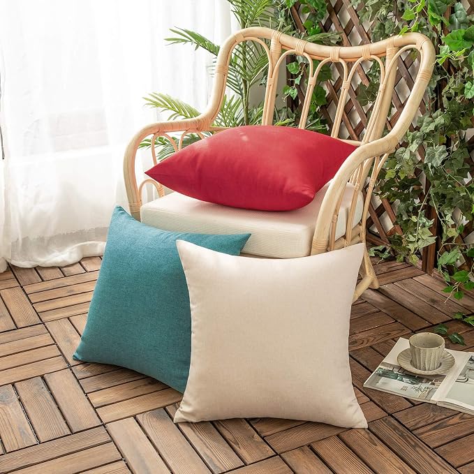 Outdoor Waterproof Throw Pillow Covers Turquoise 18x18 Set of 2 | Decorative Farmhouse Linen Pillowcases Solid Cushion Cases for Patio Tent Balcony Couch Sofa Living Room