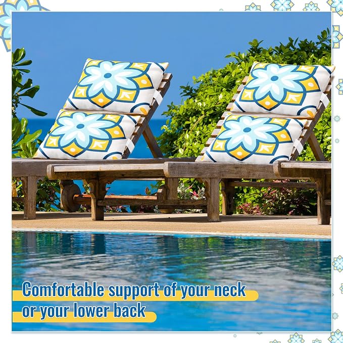 Juexica 2 Pack Chaise Lounge Pillow with Strap Outdoor Waterproof Beach Chair Neck Headrest Pillow Adjustable Elastic Band for Hammock Lumbar Recliner Pillows for Patio Pool Chair(Fresh Flowers)