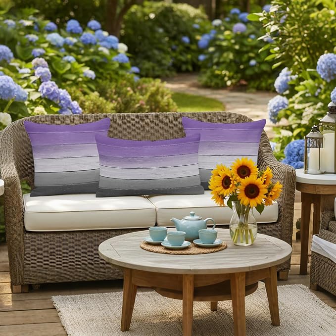 Purple Gray Outdoor Pillow Covers 26x26 Inch Throw Pillow Covers Set of 2 Waterproof Decorative Pillow Cases Vintage Rustic Abstract Striped Wooden Grain Cushion Covers for Patio Furniture Garden