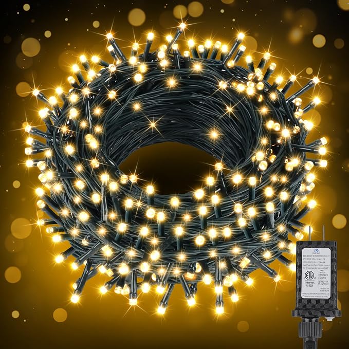 Extra Long 132FT Christmas Decorative Mini Lights, 400 LED Green Wire Fairy Starry String Lights Plug in, Timer & Memory & 8 Modes, for Indoor Outdoor Xmas Tree Wedding Party Decoration,Warm White