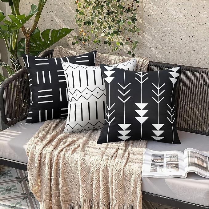 Pyonic Black and White Outdoor Pillow Covers 18x18 Inch for Patio Furniture | Set of 4 ,Waterproof,Boho Geometric Striped, Outside Patio Pillows, For Porch Garden