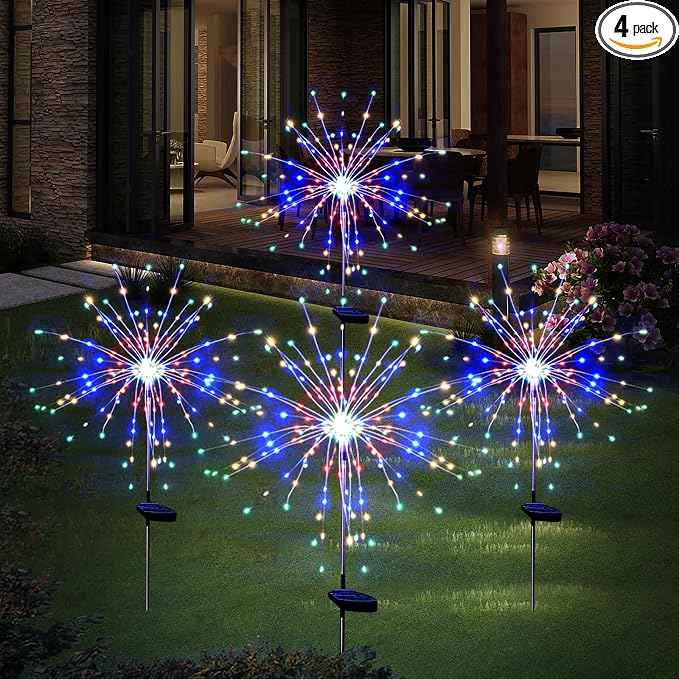 Solar Garden Firework Lights Outdoor Waterproof 4 Pack 120 LED Sparklers Solar Lights for Outside Patio Backyard Yard Pathway Walkway Decorations 4th of July Decorations (Colorful)