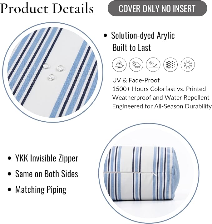 Hofdeco Premium Coastal Hampton Outdoor Performance Bolster Pillow Cover Only, 6"x20" Water Repellent, UV and Fade Resistant for Backyard, Couch, Poolside, Azure Blue Indigo Woven Bayside Stripes