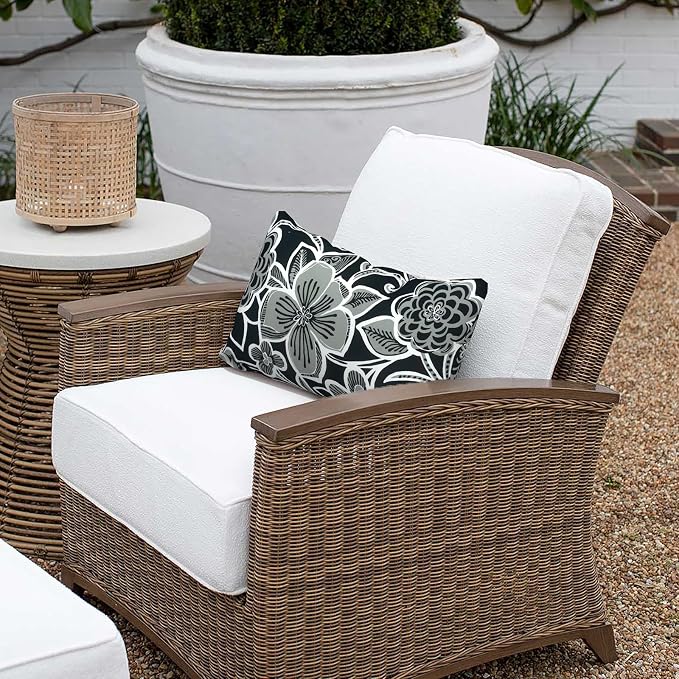 Outdoor Lumbar Pillows 12x20 inch, Rectangle Throw Pillows with Inserts, Decorative Lumbar Cushions for Patio Furniture Garden Couch Home Sofa Office Chair, Pack of 2,Flower Black