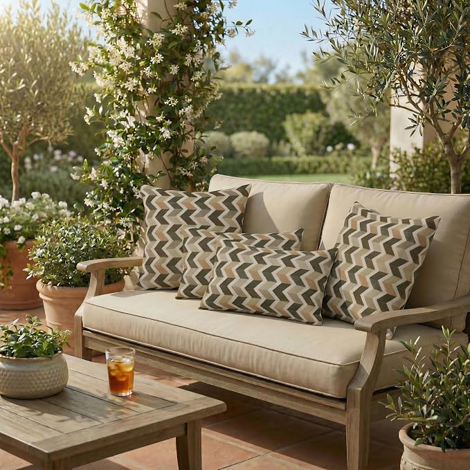 RSH DECOR: Sunbrella Lumbar & Square Pillows Set of 4 | 20" x 12" & 20" x 20" | Water and Fade-Resistant Performance Fabric | Outdoor Throw Pillows for Patio Furniture | Made in USA (Prism Fossil)