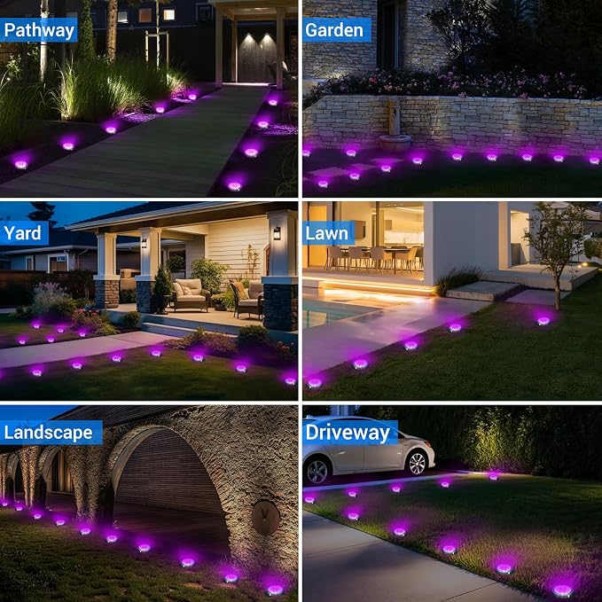 Solar Ground Lights Outdoor, 12 Pack Flat Solar Powered Disc Lights, IP68 Waterproof, Anti-Rust, Landscape Lighting for Pathway Garden Yard Lawn Walkway Landscape Driveway, Purple
