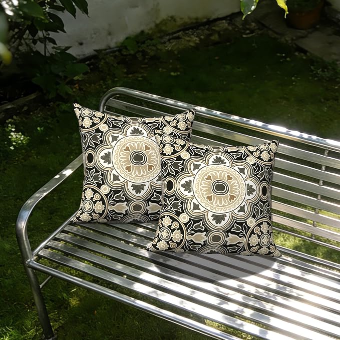 Outdoor Throw Pillow Covers 18x18 Inch, Decorative Pillow Covers for Patio Furniture, Vintage Medallion Modern Cushion Cases for Garden Couch Home Sofa, Pack of 2