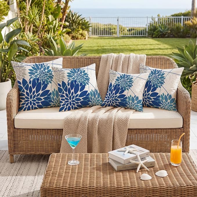 OTOSTAR Outdoor Blue Pillow Covers 20x20 Inch Set of 2 Beige White Flower Throw Pillows Farmhouse Geometric Dahlia Floral Square Cushion Case Waterproof Decor for Sofa Patio Funiture Garden