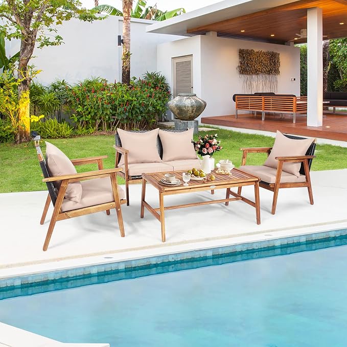 HAPPYGRILL 4 Piece Outdoor Rattan Sofa Set Acacia Wood Frame Conversation Set with Coffee Table, Modern Style for Backyard, Patio, Garden, Poolside, Balcony