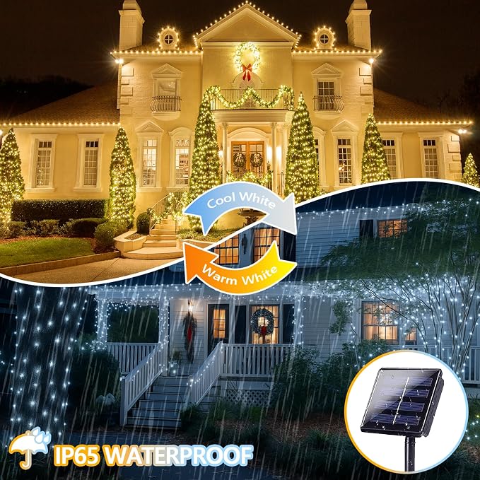Solar Fairy Lights, 2 Pack Total 400LED 144FT Warm White to Cool White | Waterproof Color Changing Solar String Lights Outdoor, Copper Wire, 8 Modes Solar Twinkle Lights for Tree Garden Yard Decor