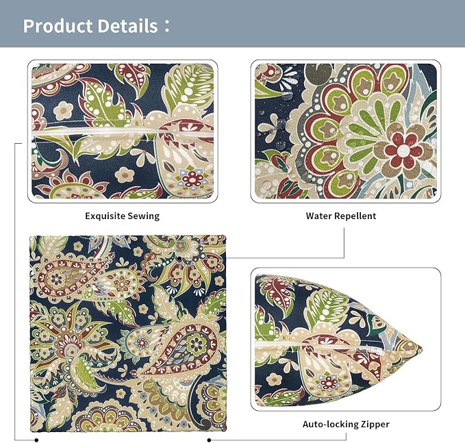 Outdoor Throw Pillow Covers 18x18 Inch, Decorative Pillow Covers for Patio Furniture, Paisley Sapphire Blue Modern Cushion Cases for Garden Couch Home Sofa, Pack of 2