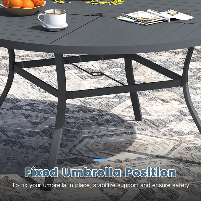 DIFY 9 Piece Outdoor Dining Set, 53" Round Metal Dining Table and Textilene Stackable Patio Chairs, Patio Table and Chairs Set for 8 with Umbrella Hole for Backyard Garden Deck, Grey