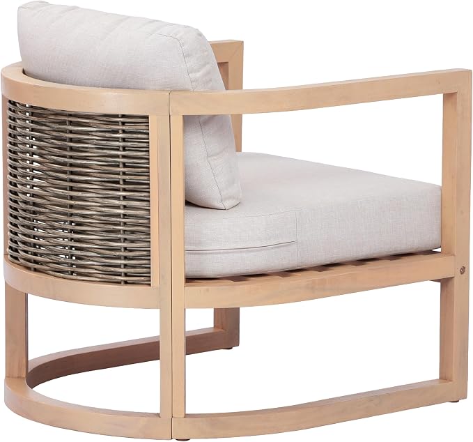 Merax 4 Piece Rattan Woven Paito Conversation Set, All-Weather Acacia Wood 3 Seater Sofa,2 Club Armchairs with Cushions, 1 Coffee Table for Porch, Lawn, Backyard, Balcony, Light Teak