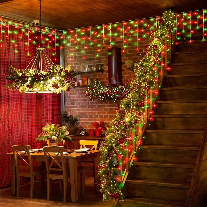 Red and Green Christmas Lights 33ft 400 LED Icicle Lights for Outside House | Connectable Twinkle String Lights with 8 Modes Timer Waterproof for Eaves Window Party Holiday Patio Yard Home Decorations