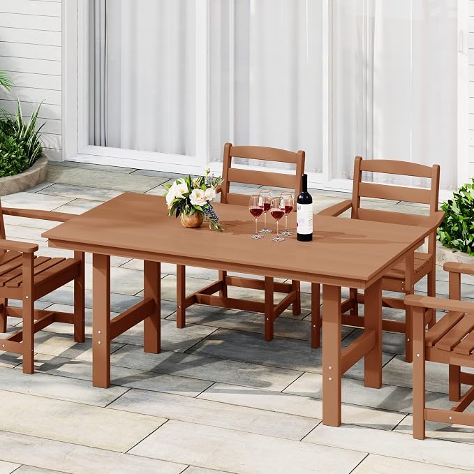 Costaelm Outdoor Patio Table, Outdoor Dining Table for 6, Weather Resistant Rectangle Patio Table with Umbrella Hole for Outside, Garden, Poolside, Porch, Teak