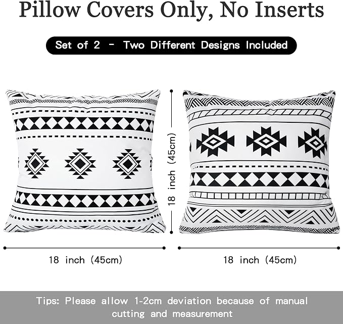 Black White Outdoor Waterproof Pillow Covers 18x18 Inch Set of 2 | Morocco Tile Geometric Decorative Throw Pillow Cover, Boho Outdoor Cushion Cases for Patio Funiture Garden Couch Bench