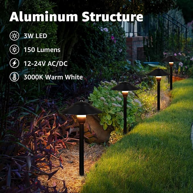 SUNVIE 12-Pack Low Voltage Pathway Lights, 3W 3000K 150lm Classic Aluminum | IP65 Waterproof, 12-24V AC/DC, ETL Listed Wire, with Fastlock2 Connectors, Landscape Lights for Yard Garden Walkway Driveway