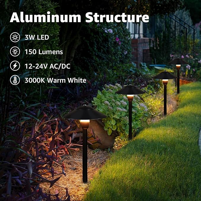 SUNVIE 3W Low Voltage Pathway Lights, 4-Pack 7.9" 3000K Classic Aluminum | Landscape Lights, 12-24V AC/DC, IP65 Waterproof, ETL Listed Wire, with Fastlock2 Connectors, for Yard Garden Walkway Driveway