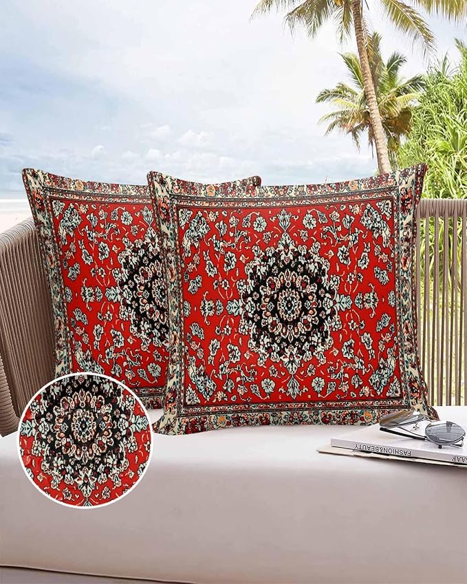 Vandarllin Outdoor Throw Pillows Covers 26x26 inch Set of 2 Waterproof Red Bohemian Decorative Zippered Cushion Covers for Patio Furniture, Boho Tribe Texture Lumbar Pillowcases