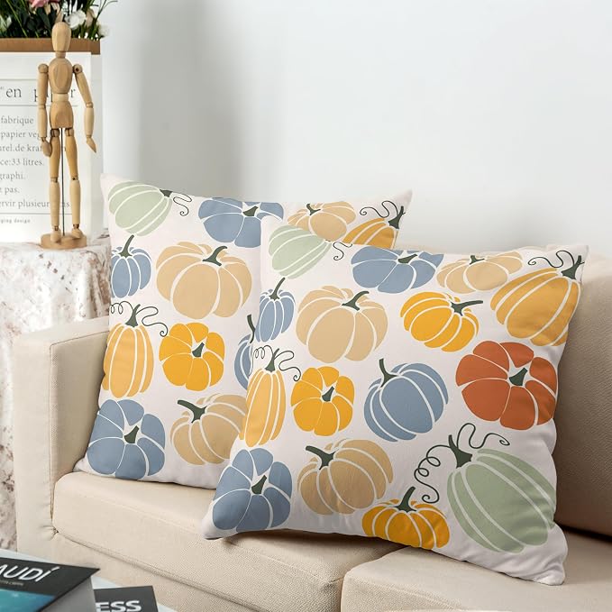 Colorful Pumpkins Pillow Covers Fall Throw Pillow Covers 16x16 Set of 2 Autumn Outdoor Pillow Case Cotton Blend Cushion Case for Farmhouse Couch Patio Bed Car