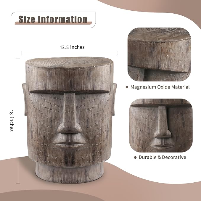 Outdoor Side Table Easter Island AHU Akivi Moai Statue Pedestal End Table Stool for Home Patio Deck Sunroom Garden Balcony Yard Lawn Grey