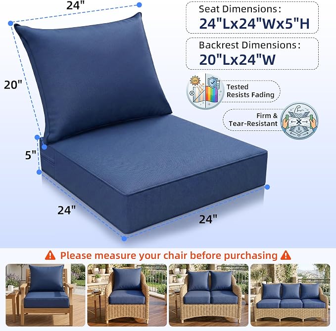 Srora Outdoor Deep Seat Patio Cushions, 5-Inch Thick Outdoor Chair Cushions, Waterproof 300GSM Colorwoven Fabric, 1200H+ Fade Resistant, Hidden Zipper Covers, 2 Ties, for Chair, Loveseat & Sofa