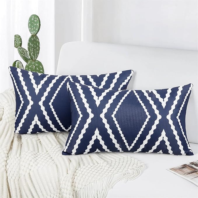 Adabana Outdoor Waterproof Pillow Covers 12x20 Navy Blue | Geometric Decorative Throw Pillow Covers Set of 2 for Patio, Garden, Porch, Farmhouse