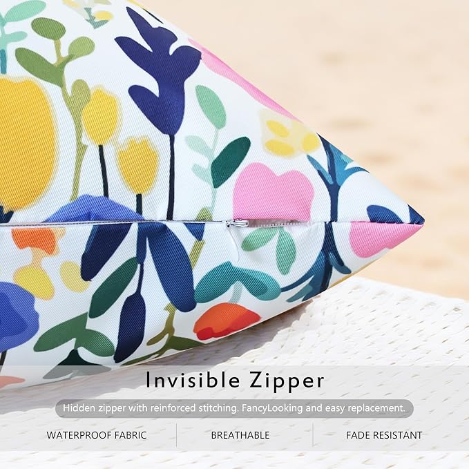 Outdoor Pillows Covers 12X20 Inch Pack of 2, Spring Floral Waterproof Throw Pillow Covers, White Printed Flower Decorative Square Pillowcases for Summer Patio Furniture Garden Balcony Porch