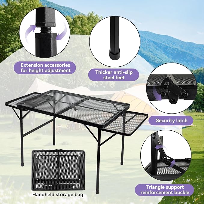 BRIAN & DANY 3x2 FT Camping Table with 2 Wing Panels, Folding Grill Table, Metal Portable Picnic Table, Lightweight Height Adjustable Foldable Table for Outdoor, Black