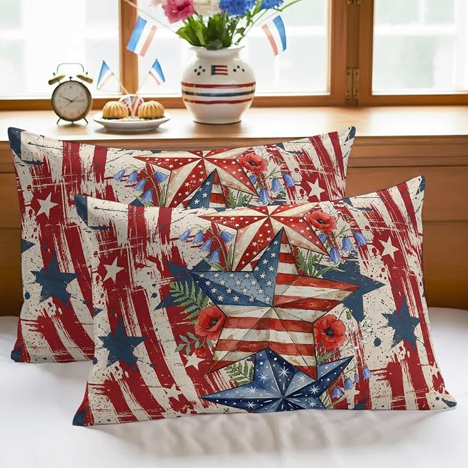 Independence Day Outdoor Pillow Covers 20"x12" Set of 2, Retro American Flag Star Red Flower Abstract Country Waterproof Throw Pillow Covers for Patio Furniture, Decorative Cushion Covers for Porch