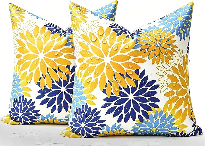 Decorative Outdoor Waterproof Throw Pillow Covers Set of 2 Dahlia Yellow and Blue Pillow Case 16x16 Inches Spring Summer Cushion Covers with Invisible Zipper for Inside and Outdoor