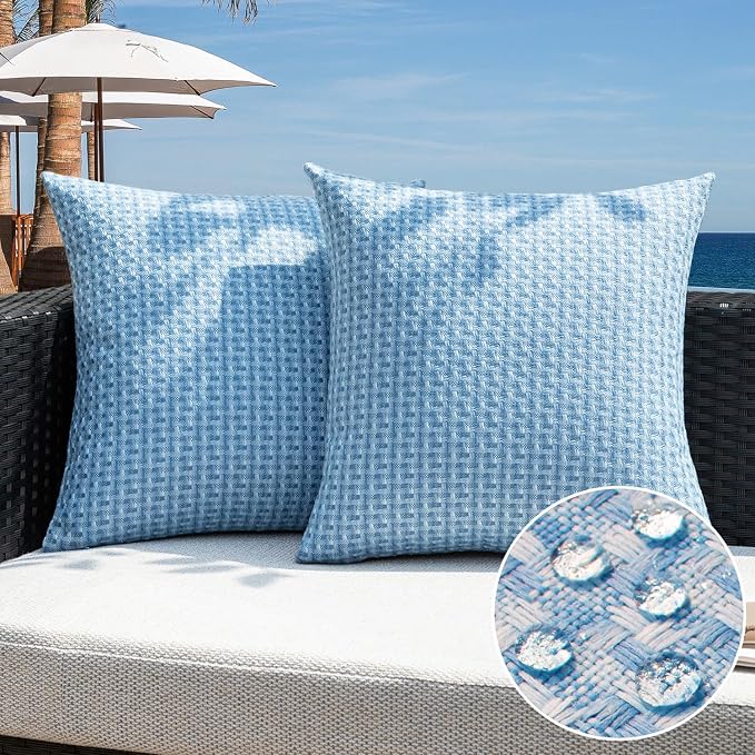 Kevin Textile Outdoor Waterproof 16"x16" Pillow Covers 2 Pack, Light Blue | Water Resistant Weaving Faux Linen Texture Throw Pillow Covers, Outside Decorative Pillowcases for Garden Patio Balcony Couch