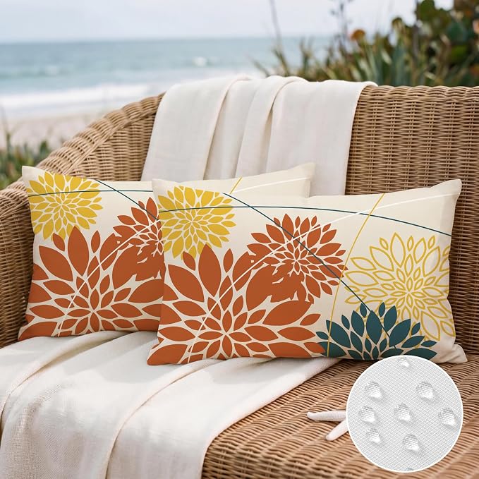 OTOSTAR Outdoor Orange Yellow Pillow Covers 12x20 Inch Set of 2 Blue Flower Throw Pillows Farmhouse Geometric Dahlia Floral Lumbar Cushion Case Waterproof Decor for Sofa Patio Funiture Garden