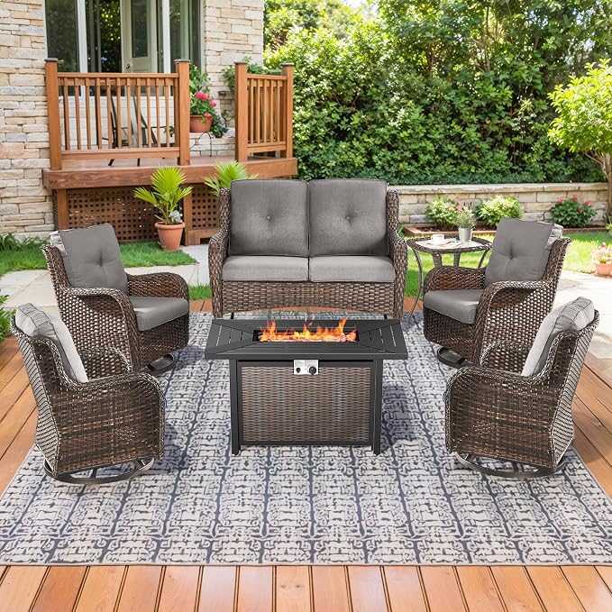 Patio Loveseat Glider Set, Resin Wicker Loveseat Glider with 4 Swivel Patio Chiars Rectangular Firepit Table, 7 Piece Patio Conversation Loveseat Set, Brown Wicker|Grey Cushions