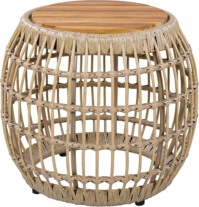 Polibi Outdoor Side Table with Handwoven Wicker Base, Weather-Resistant Outdoor/Indoor Accent Table for Patio, Balcony, Garden, Coastal & Farmhouse Decor(Light Brown)
