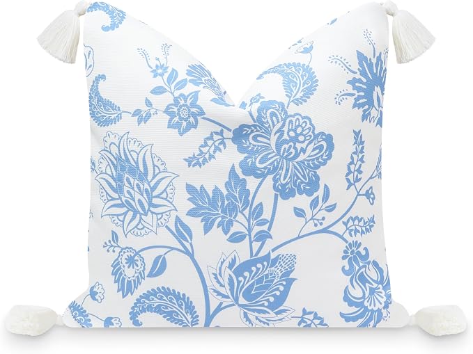 Hofdeco Premium Coastal Patio Indoor Outdoor Pillow Cover Only, 18"x18" Water Repellent for Backyard, Couch, Cornflower Blue Floral Tassel