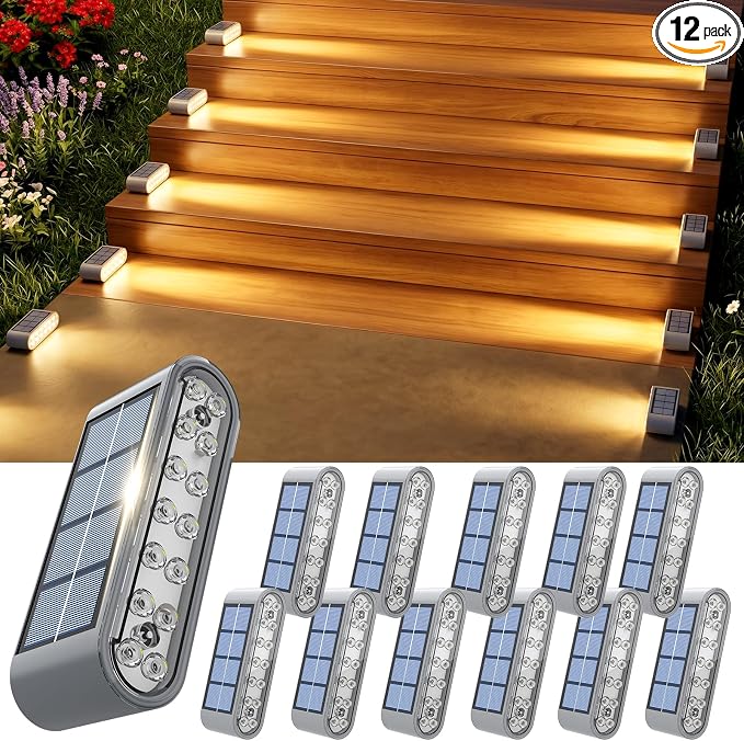 Solar Stair Lights 12 Pack, Solar Step Lights Outdoor Waterproof IP67, LED Solar Powered Lighting for Steps, Stairs, Deck, Dock, Patio, Walkway, Front Porch Decor