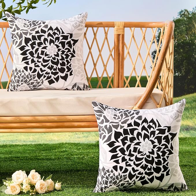 Allorry Outdoor Pillow Covers 20x20 Set of 2 Black Gray Flower Pattern Decoration Throw Pillow Covers for Spring Summer Outdoor Waterproof Furniture Garden Patio Sofa Bedroom Home Decor JB011-B20