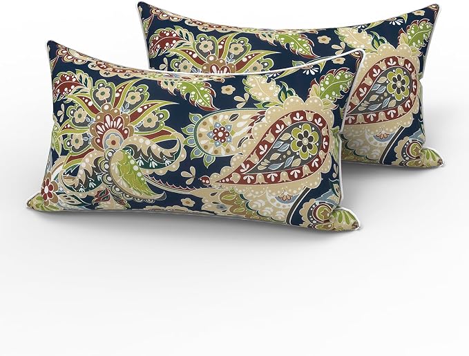 LVTXIII 2 Pack Outdoor Lumbar Pillows 12x20 Inch with White Piping, Fade Resistant Support Throw Pillows with Inserts for Patio Furniture, Sofa, Chair, Paisley Bloom