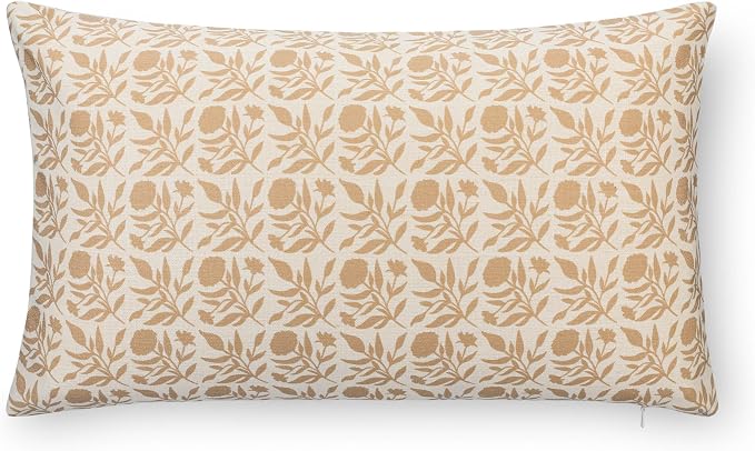California Casual Coastal Indoor Outdoor Lumbar Pillow Cover, 12"x20" Water Repellent for Patio, Backyard, Couch, Poolside, Earth Tone Ivory Cream Tan Print Floral and Leaves Geometric