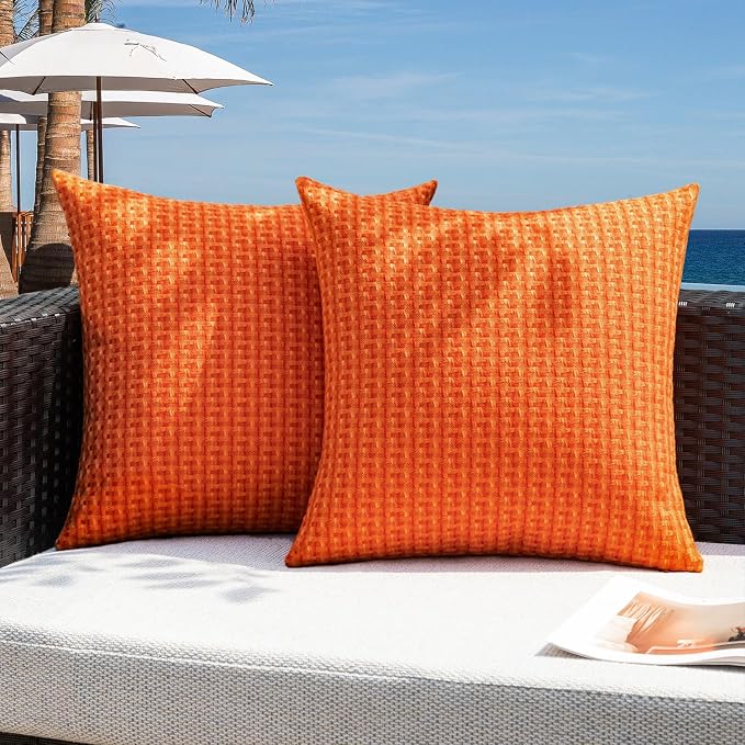 Kevin Textile Outdoor Waterproof 16"x16" Pillow Covers 2 Pack, Orange | Water Resistant Weaving Faux Linen Texture Throw Pillow Covers, Outside Decorative Pillowcases for Garden Patio Balcony Couch