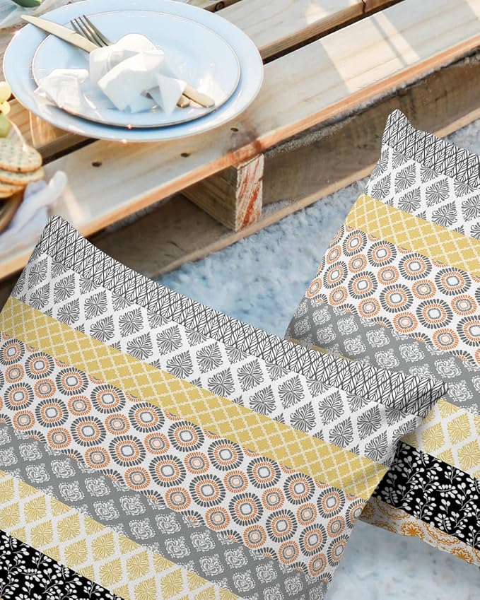 Outdoor Waterproof Throw Pillow Covers Set of 2 Yellow Boho Stripe Tribal Vingtage Lumbar Pillowcases 18x18 Inches Bohemian Style Decorative Pillows Cushion Case Patio Pillows for Couch Bed Garden